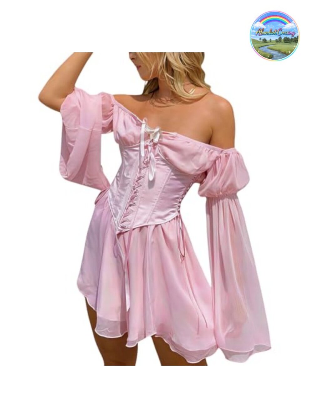 Women Off Shoulder Mesh Short Dress Adjustable Lace Up Puff Sleeve Swing